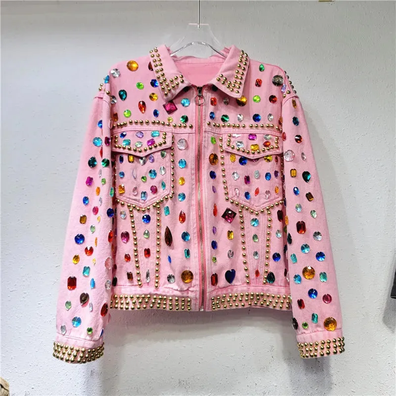 Gem Embellished Pink Denim Jacket