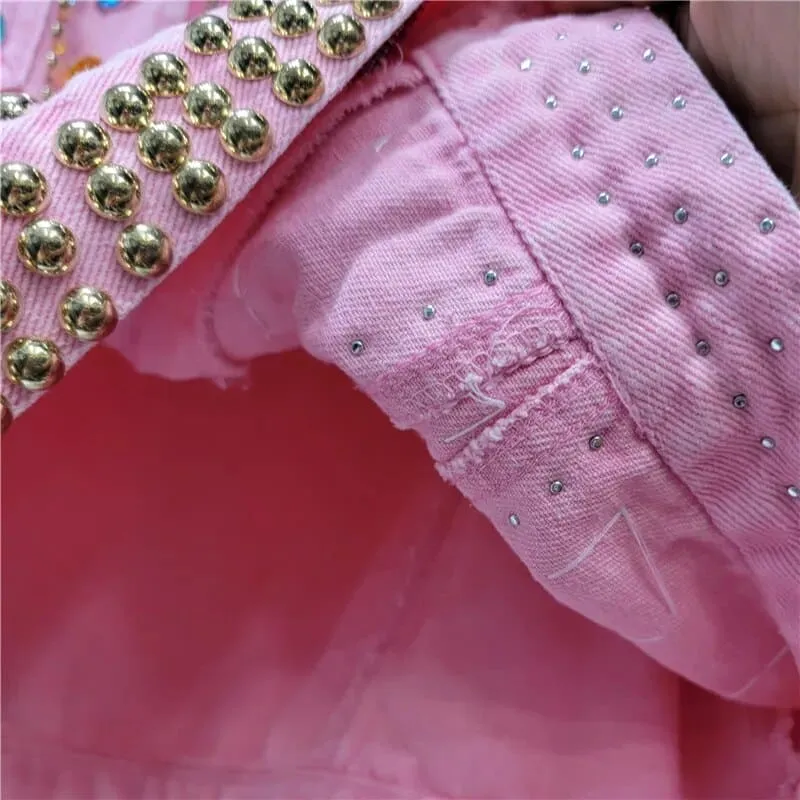 Gem Embellished Pink Denim Jacket