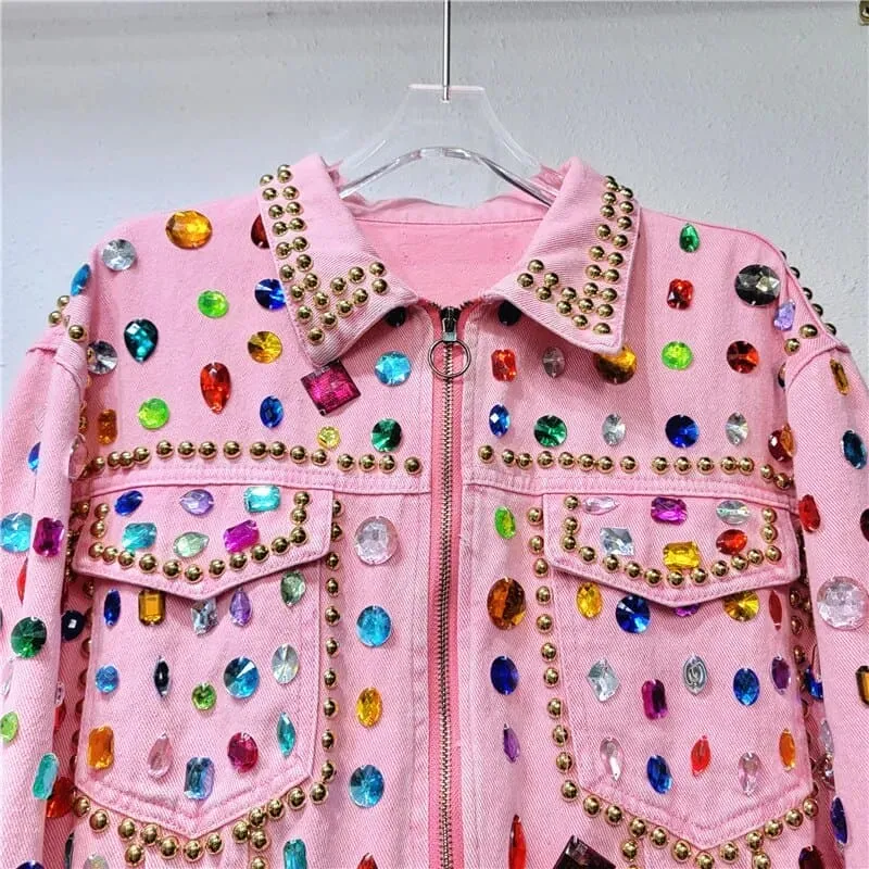 Gem Embellished Pink Denim Jacket