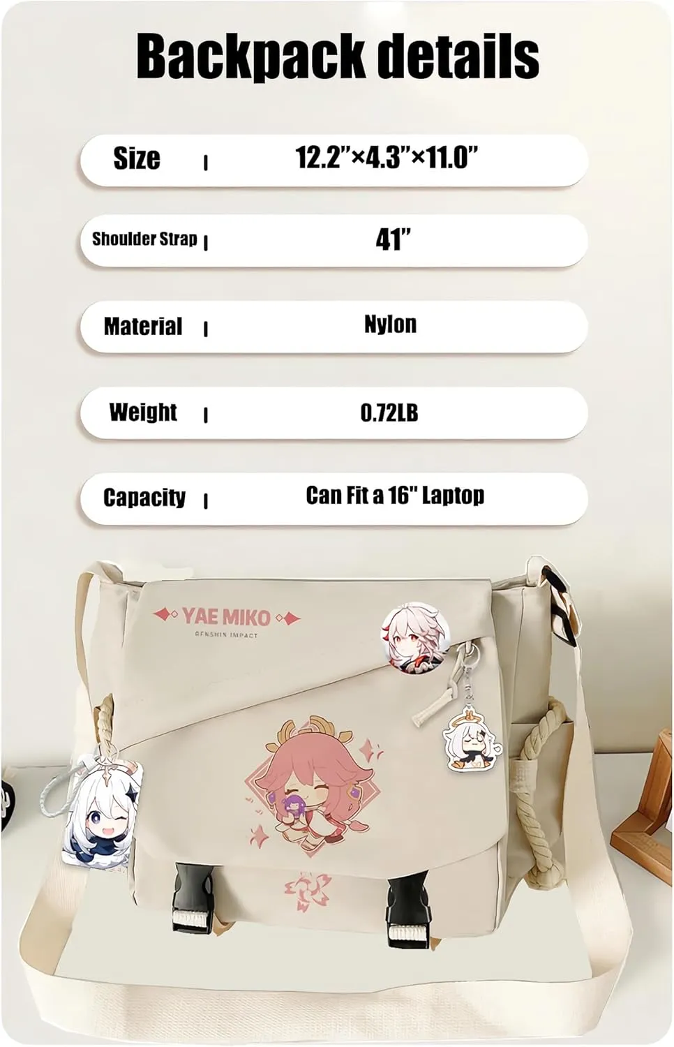 Genshin Impact Handbag Kazuha Crossbody Bag Cute Single Shoulder Bag Adult 3D Print Anime Backpack White Bag