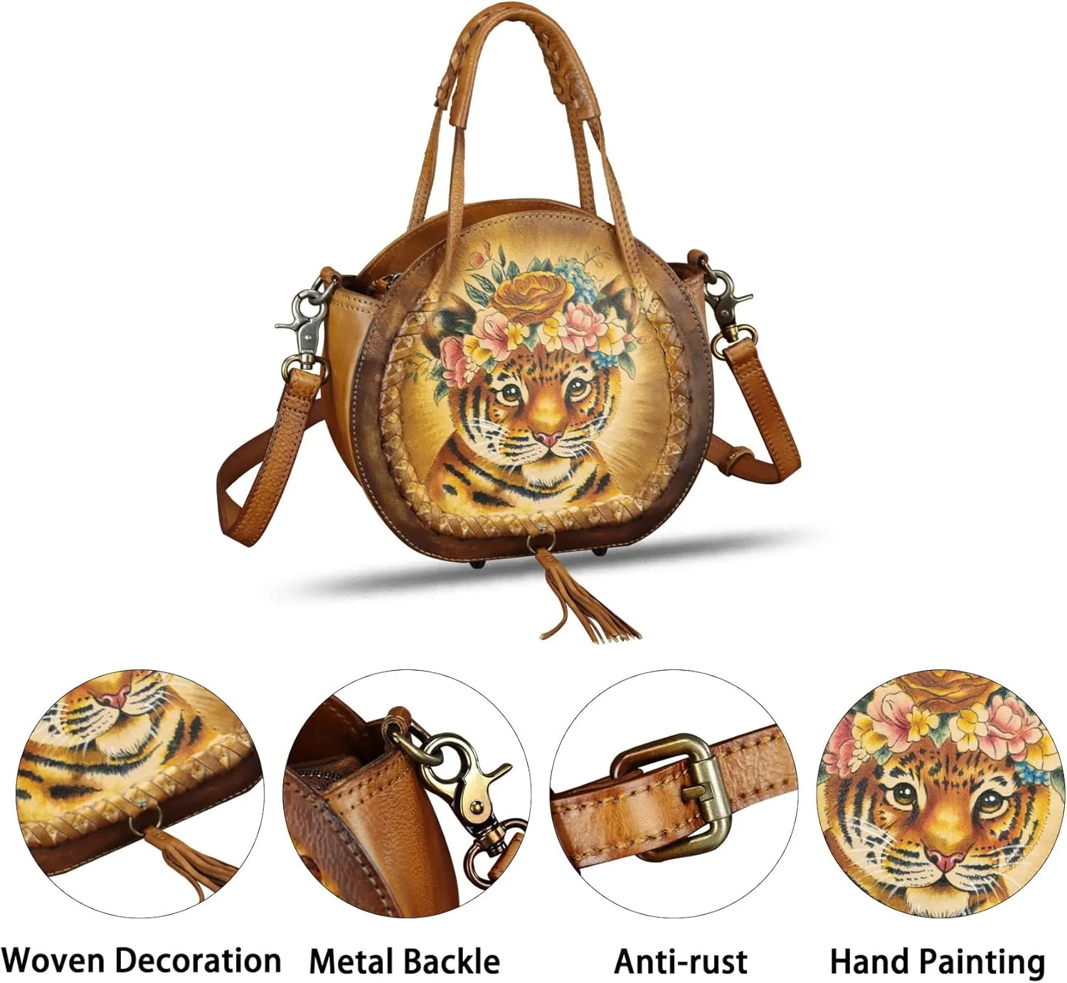 Genuine Leather Handbag for Women Purse Hand Painted Pattern Top Handle Satchel Handmade Crossbody Pouch