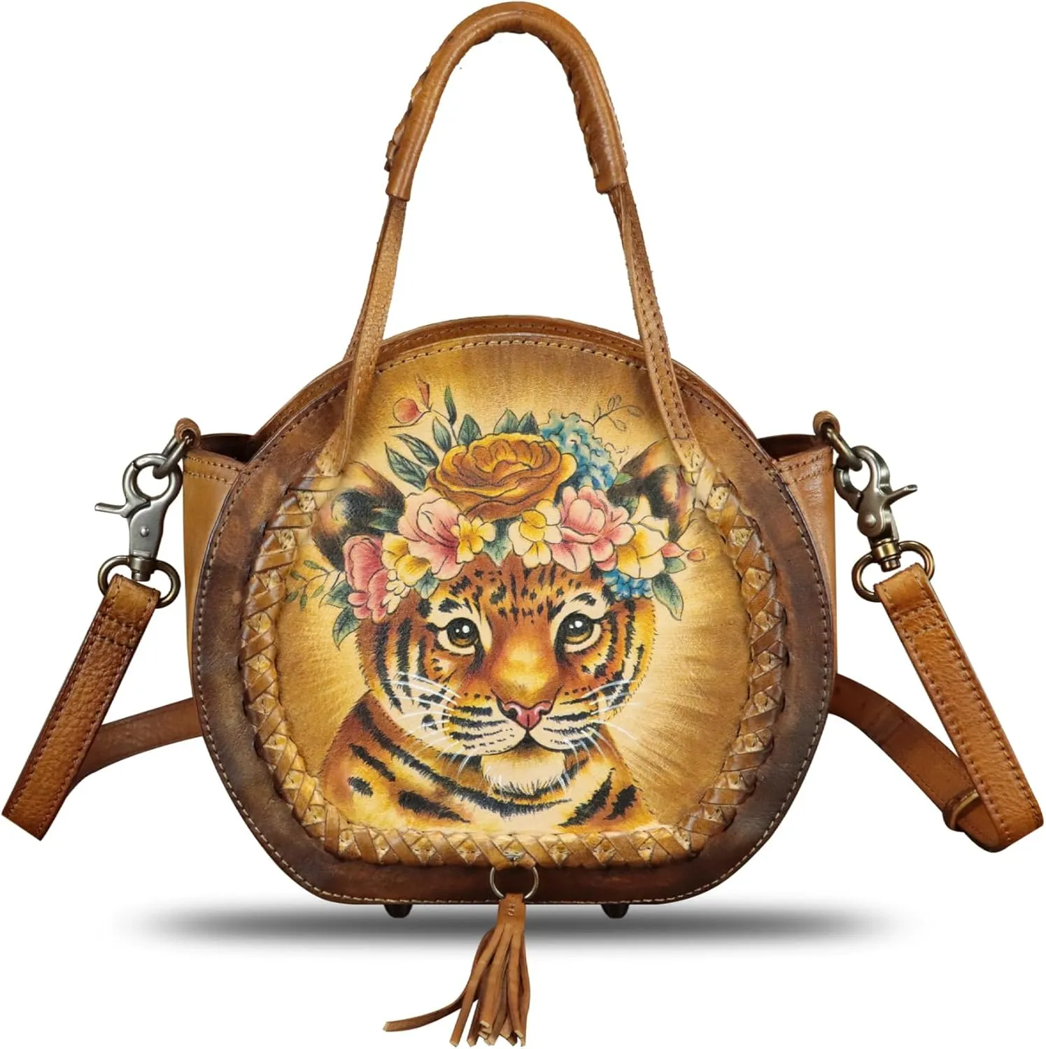 Genuine Leather Handbag for Women Purse Hand Painted Pattern Top Handle Satchel Handmade Crossbody Pouch