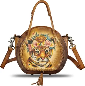 Genuine Leather Handbag for Women Purse Hand Painted Pattern Top Handle Satchel Handmade Crossbody Pouch