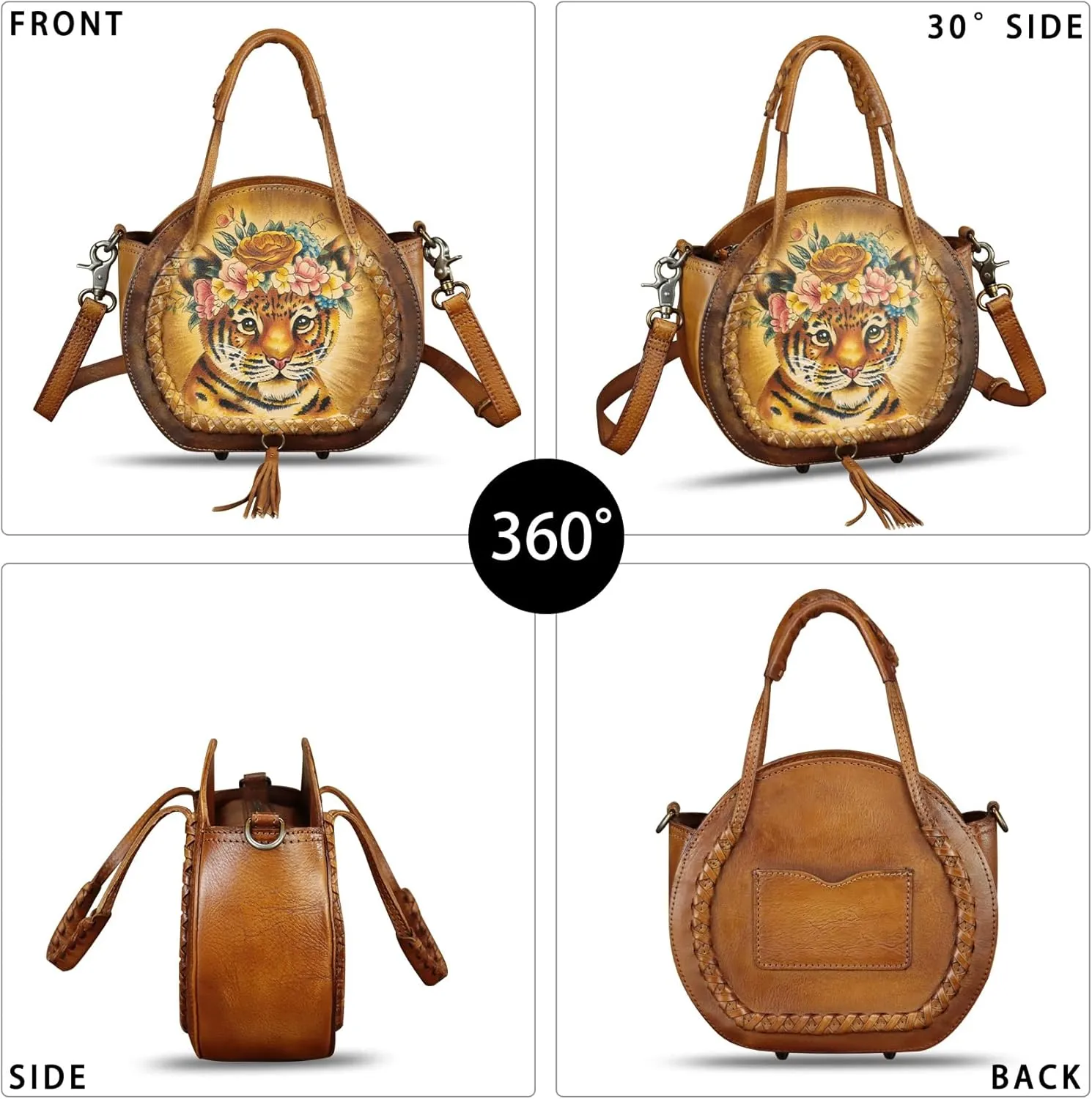 Genuine Leather Handbag for Women Purse Hand Painted Pattern Top Handle Satchel Handmade Crossbody Pouch