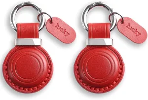 Genuine Leather Keychain Holder Compatible with AirTag - Secure Case Cover Key Ring Chain Fob Accessories Intended for Air Tag - Dark Red (2 Pack)