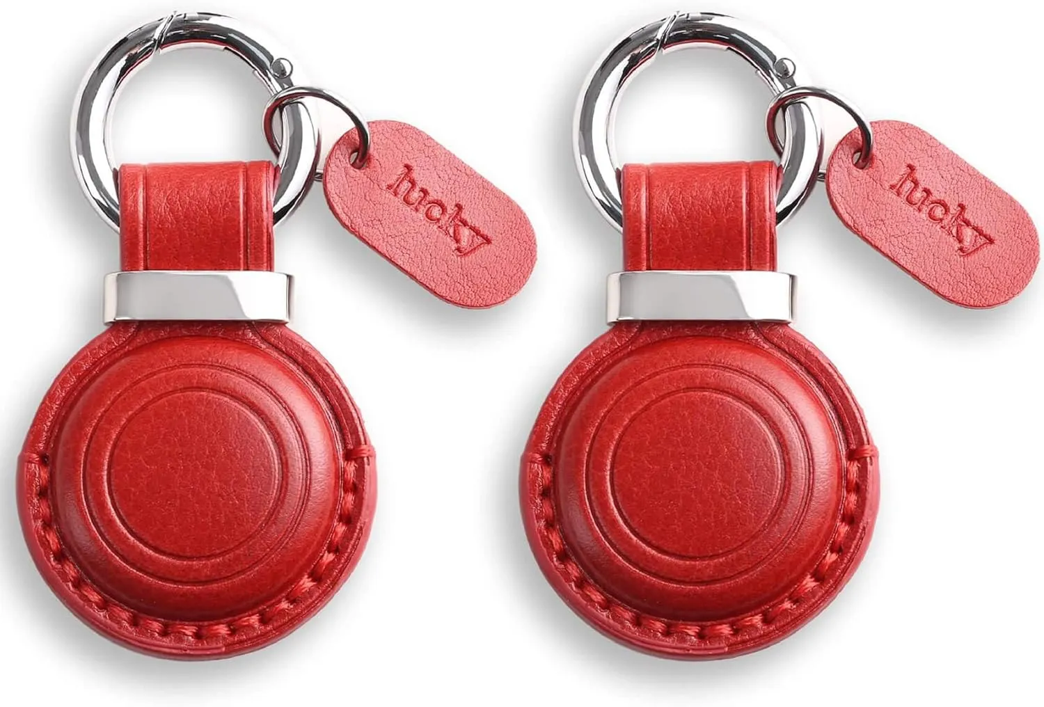 Genuine Leather Keychain Holder Compatible with AirTag - Secure Case Cover Key Ring Chain Fob Accessories Intended for Air Tag - Dark Red (2 Pack)