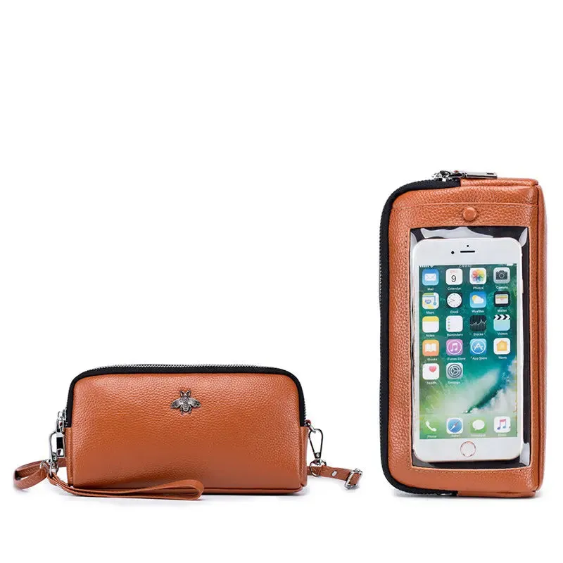 Genuine Leather Luxury Transparent Touch Screen Phone Crossbody Bag