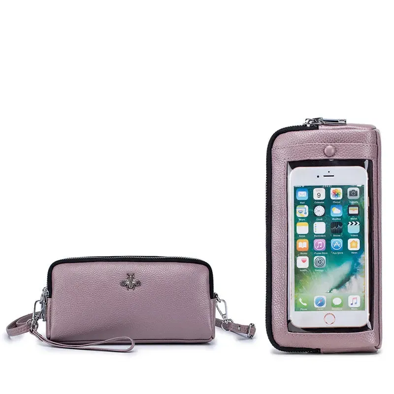 Genuine Leather Luxury Transparent Touch Screen Phone Crossbody Bag