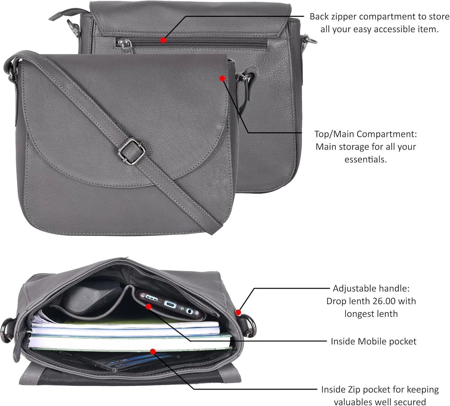 Genuine Leather Shoulder Crossbody Purse For Women with Adjustable Strap, Mobile Pocket & Outside & Inside Zipper