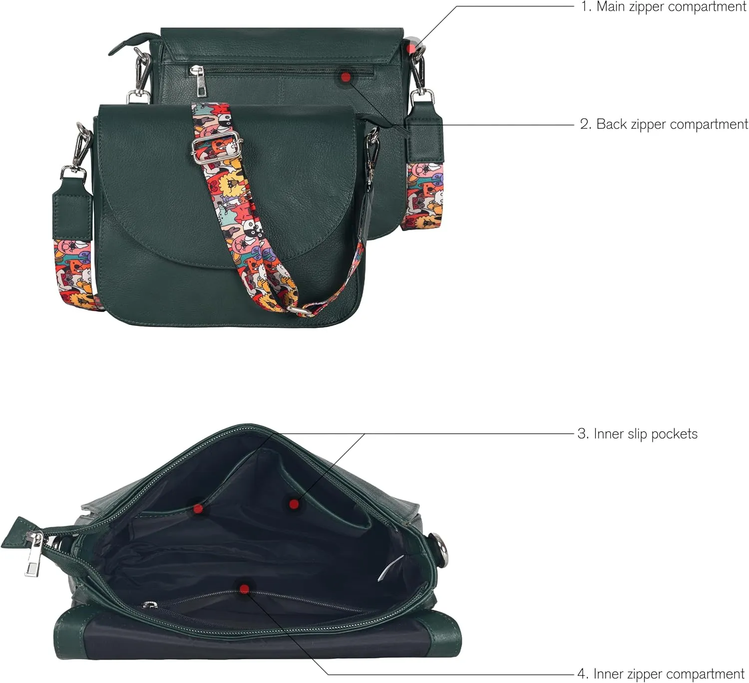 Genuine Leather Shoulder Crossbody Purse For Women with Adjustable Strap, Mobile Pocket & Outside & Inside Zipper