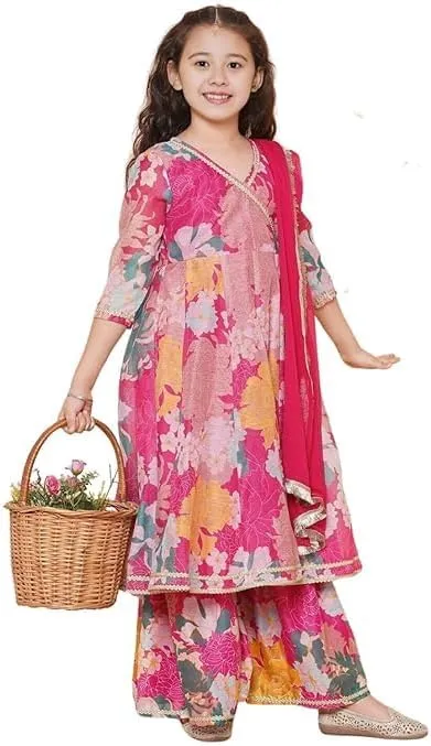Girls Party Wear Rayon Fabric Floral Printed 3/4 Sleeves Anarkali Kurta Sharara with Dupatta