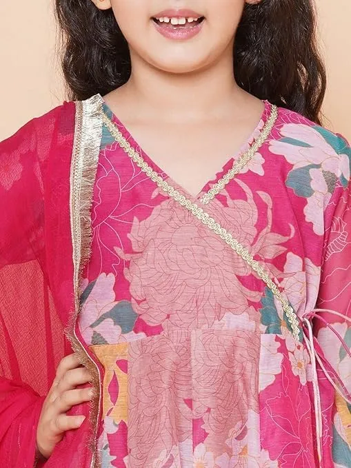 Girls Party Wear Rayon Fabric Floral Printed 3/4 Sleeves Anarkali Kurta Sharara with Dupatta