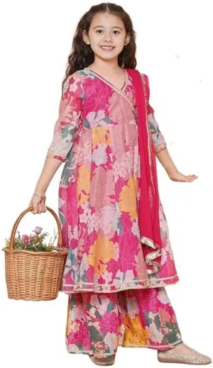 Girls Party Wear Rayon Fabric Floral Printed 3/4 Sleeves Anarkali Kurta Sharara with Dupatta