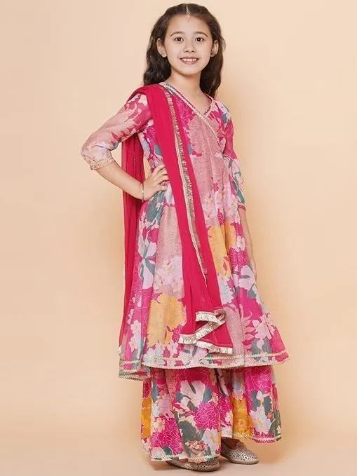 Girls Party Wear Rayon Fabric Floral Printed 3/4 Sleeves Anarkali Kurta Sharara with Dupatta