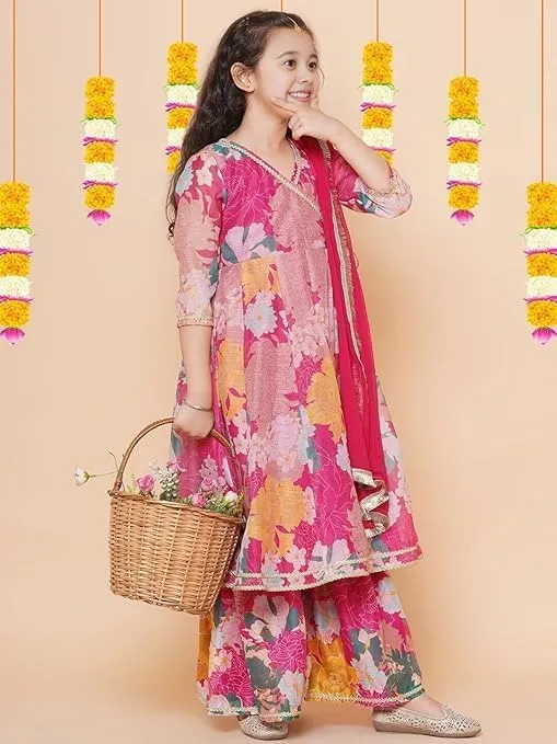 Girls Party Wear Rayon Fabric Floral Printed 3/4 Sleeves Anarkali Kurta Sharara with Dupatta