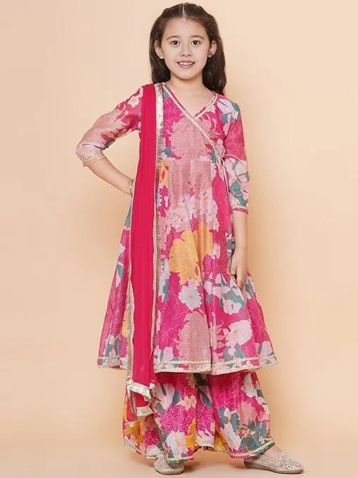 Girls Party Wear Rayon Fabric Floral Printed 3/4 Sleeves Anarkali Kurta Sharara with Dupatta