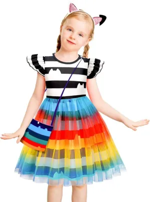 Girls' Striped Dress with Cat Ears Headband and Purse, 3-8Y