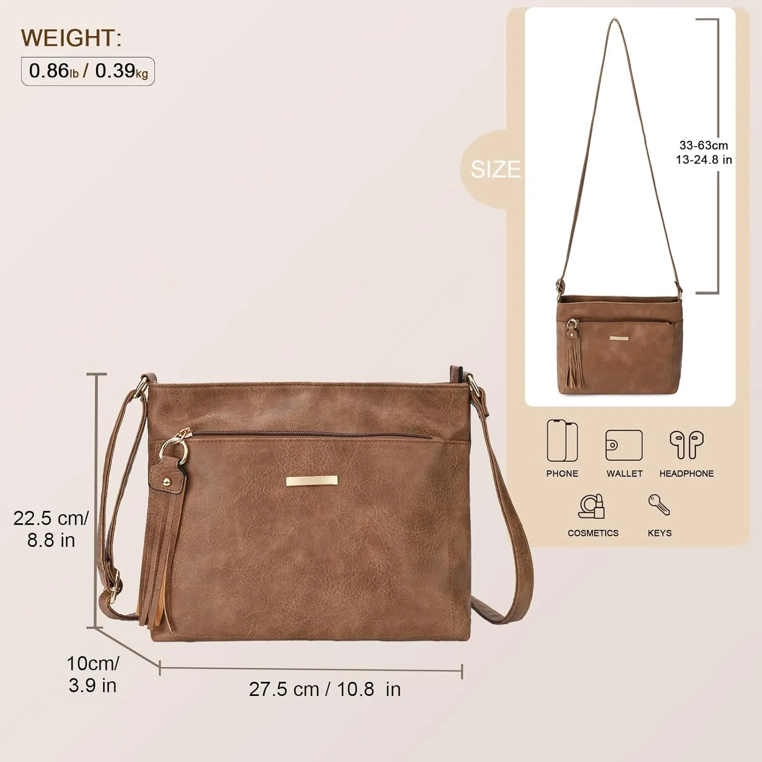 Gladdon Tassels Crossbody Bags for Women Medium Size Leather Shoulder Purse Trendy Soft Travel Shoulder Handbags
