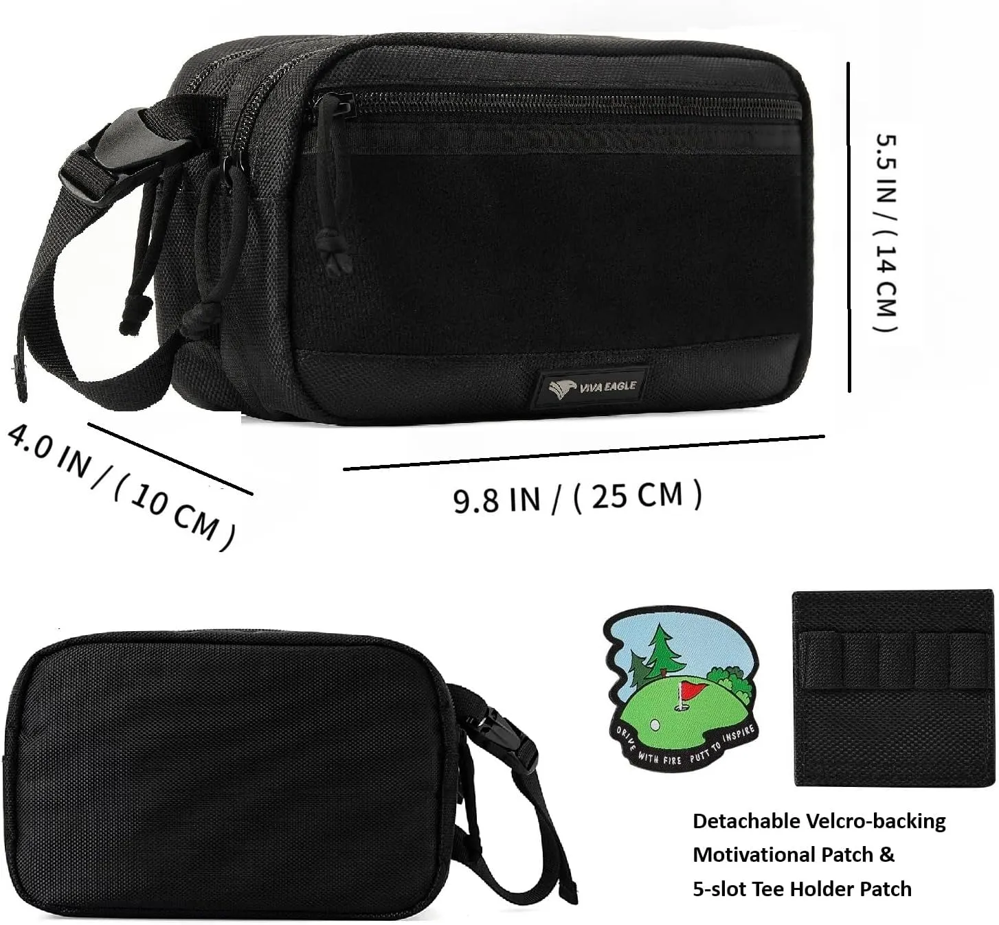 Golf Pouch Bag for Balls Accessories Valuables | Customizable with Hook-and-Loop Panel | Ideal Golfer Gift, Includes Tee-Holder and Motivation Patches | Also Great for Gym Sports Travel Tactical