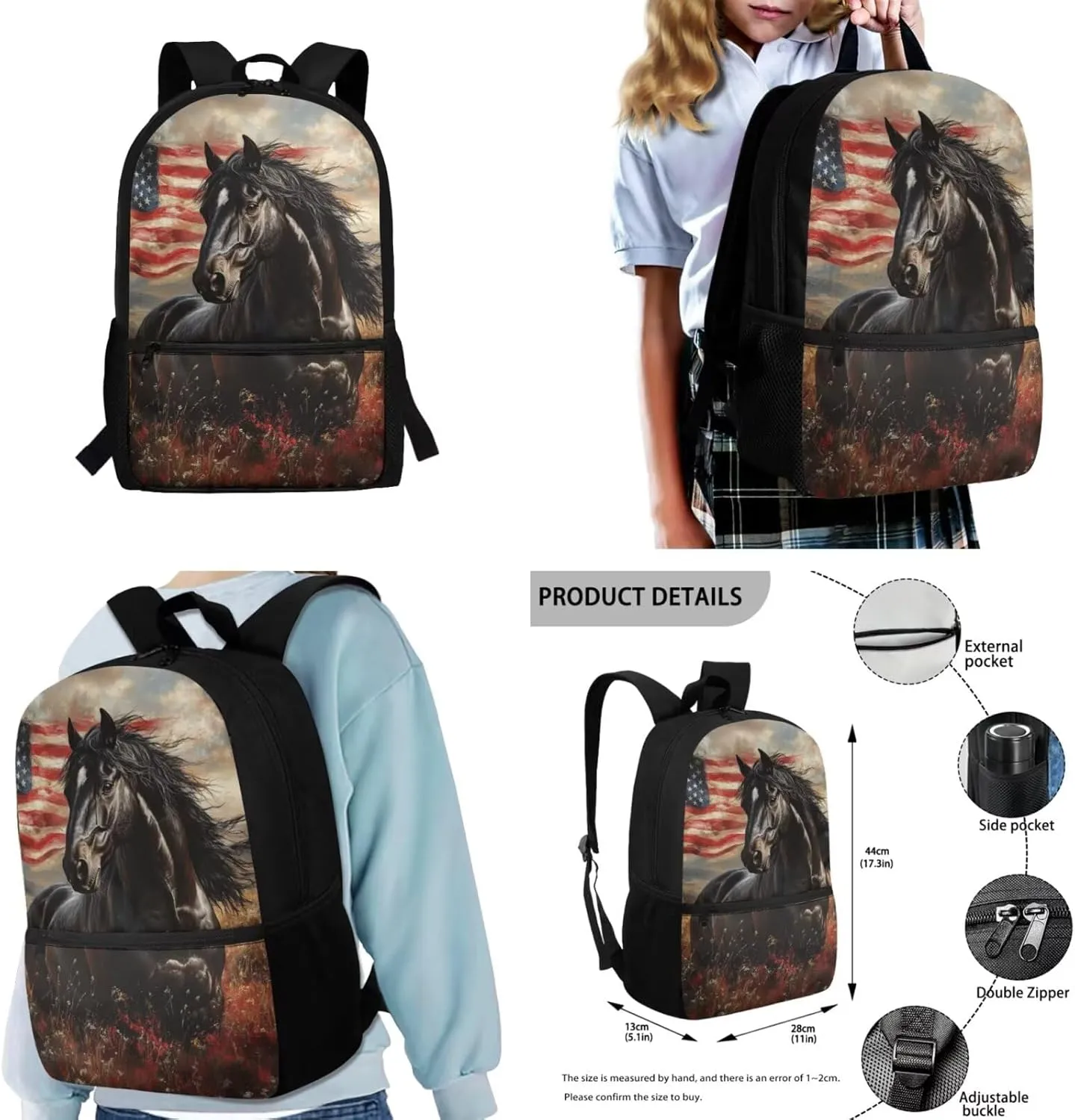 Gomyblomy American Flag Horse Backpack for Kids 10-12 12-14 Boys Girls School Bag with Lunch Box Pencil Case Water Bottle Sleeve 4 Pcs for Elementary Middle School 17 Inch Book Bags