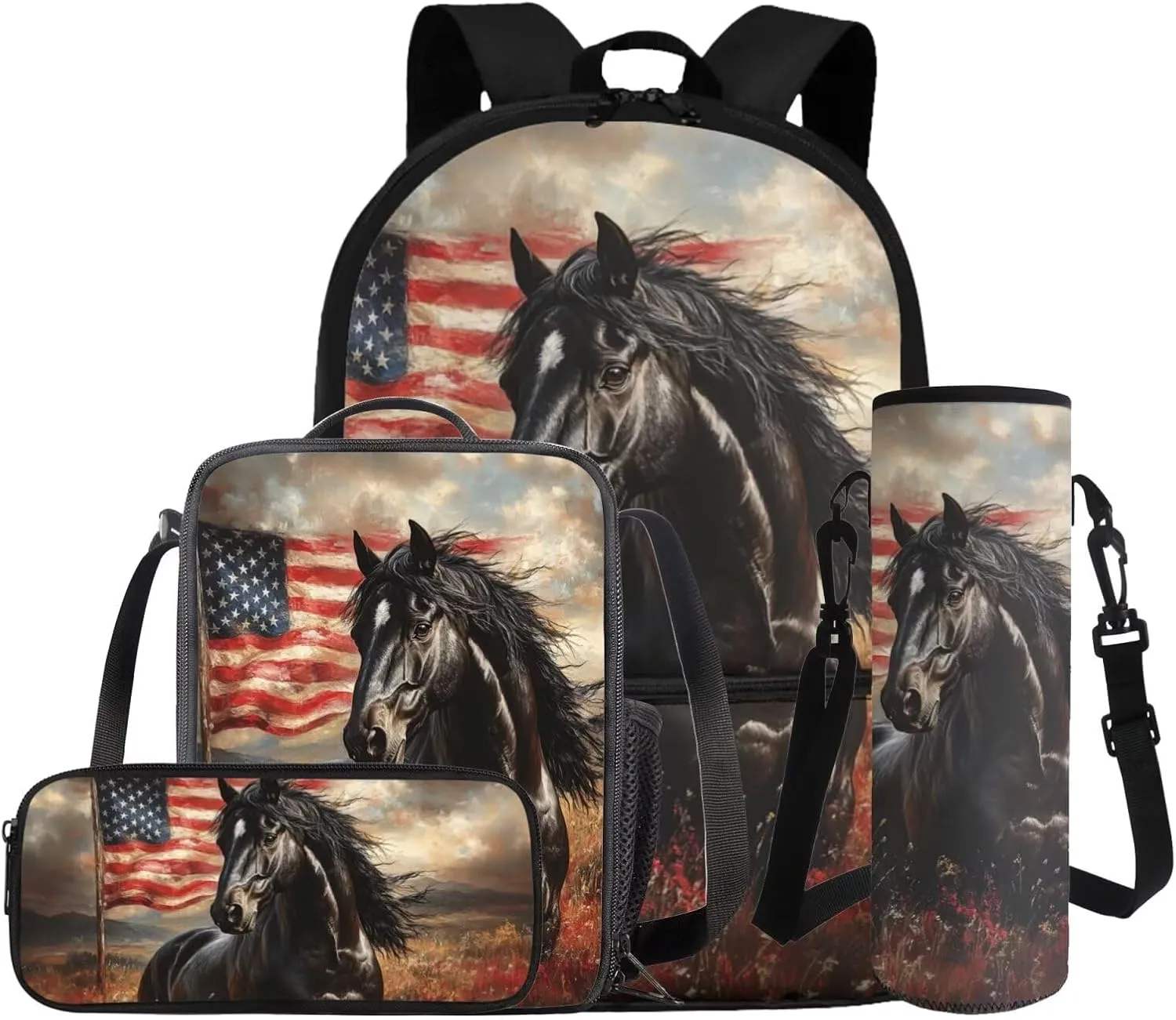 Gomyblomy American Flag Horse Backpack for Kids 10-12 12-14 Boys Girls School Bag with Lunch Box Pencil Case Water Bottle Sleeve 4 Pcs for Elementary Middle School 17 Inch Book Bags