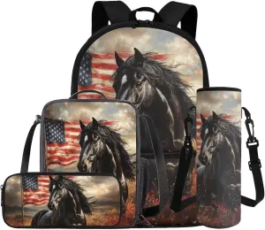 Gomyblomy American Flag Horse Backpack for Kids 10-12 12-14 Boys Girls School Bag with Lunch Box Pencil Case Water Bottle Sleeve 4 Pcs for Elementary Middle School 17 Inch Book Bags