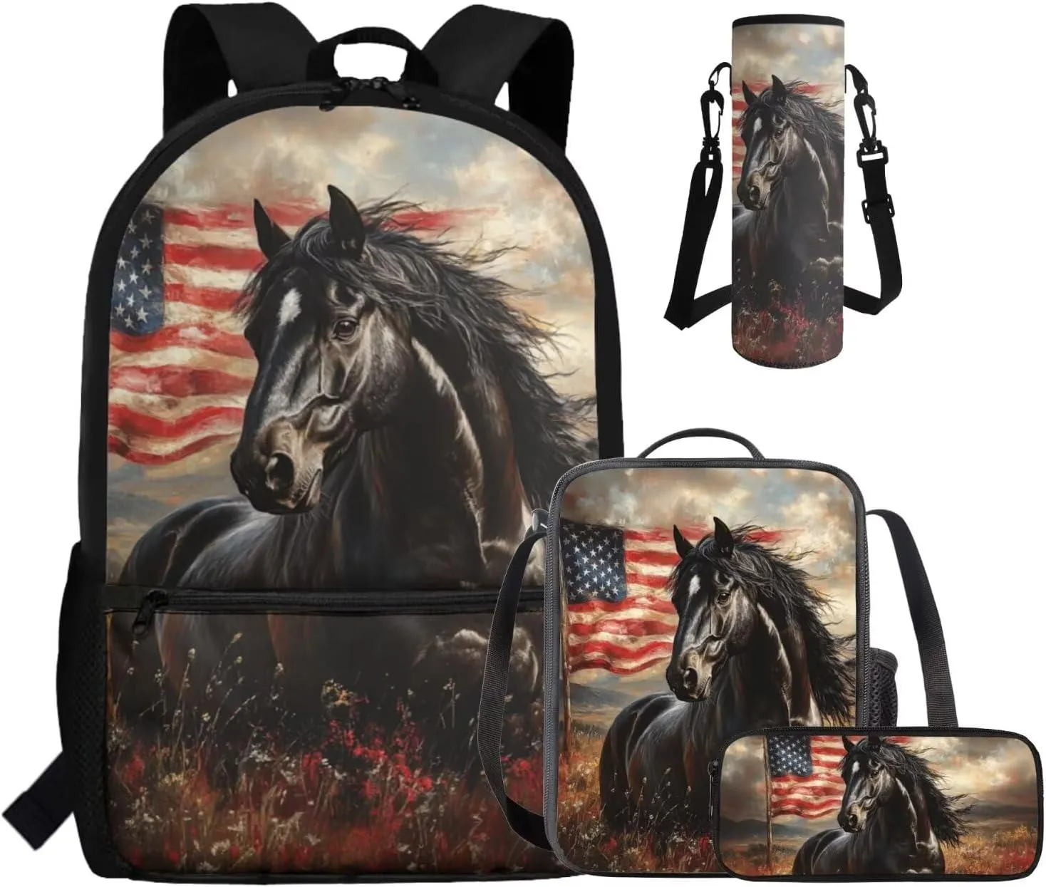 Gomyblomy American Flag Horse Backpack for Kids 10-12 12-14 Boys Girls School Bag with Lunch Box Pencil Case Water Bottle Sleeve 4 Pcs for Elementary Middle School 17 Inch Book Bags