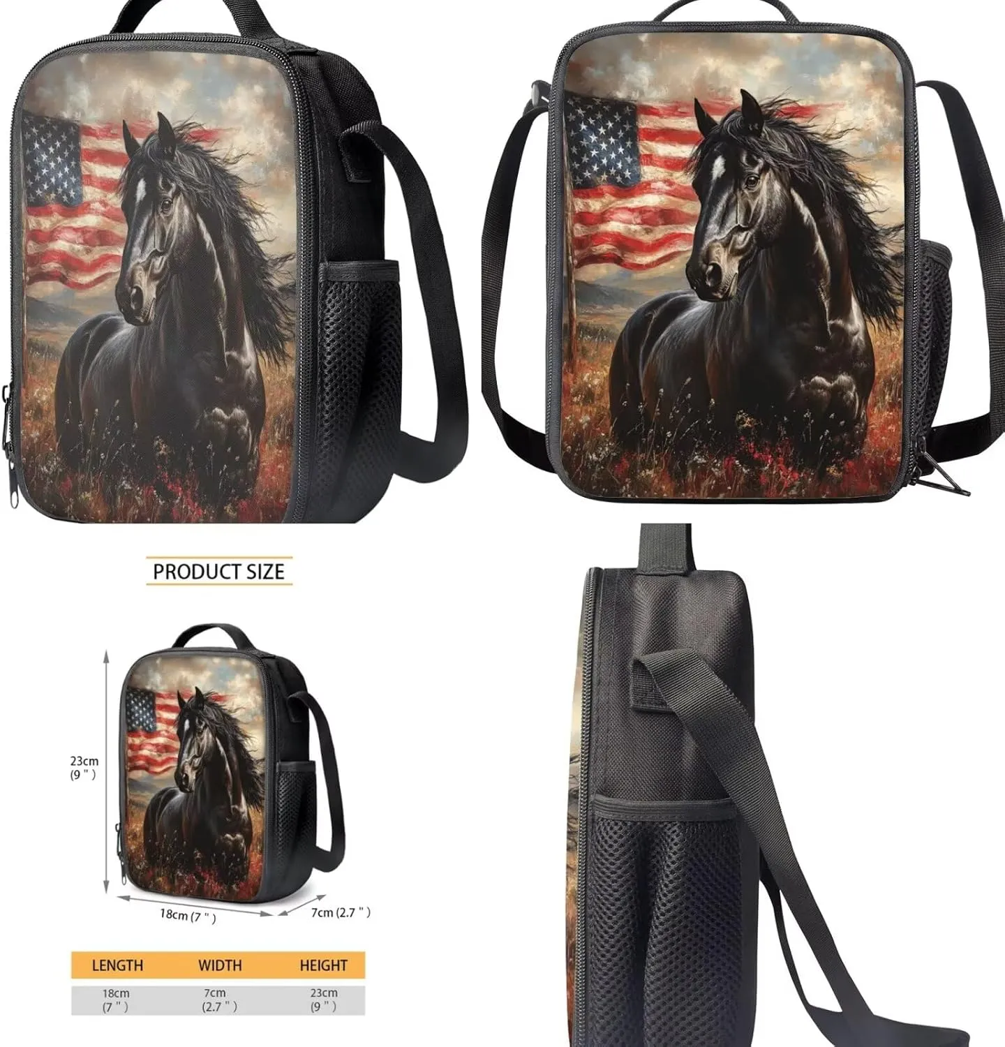 Gomyblomy American Flag Horse Backpack for Kids 10-12 12-14 Boys Girls School Bag with Lunch Box Pencil Case Water Bottle Sleeve 4 Pcs for Elementary Middle School 17 Inch Book Bags