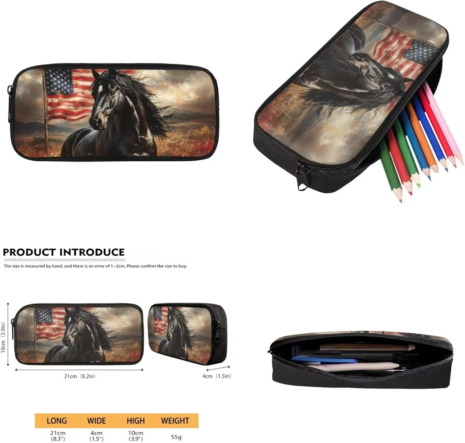 Gomyblomy American Flag Horse Backpack for Kids 10-12 12-14 Boys Girls School Bag with Lunch Box Pencil Case Water Bottle Sleeve 4 Pcs for Elementary Middle School 17 Inch Book Bags