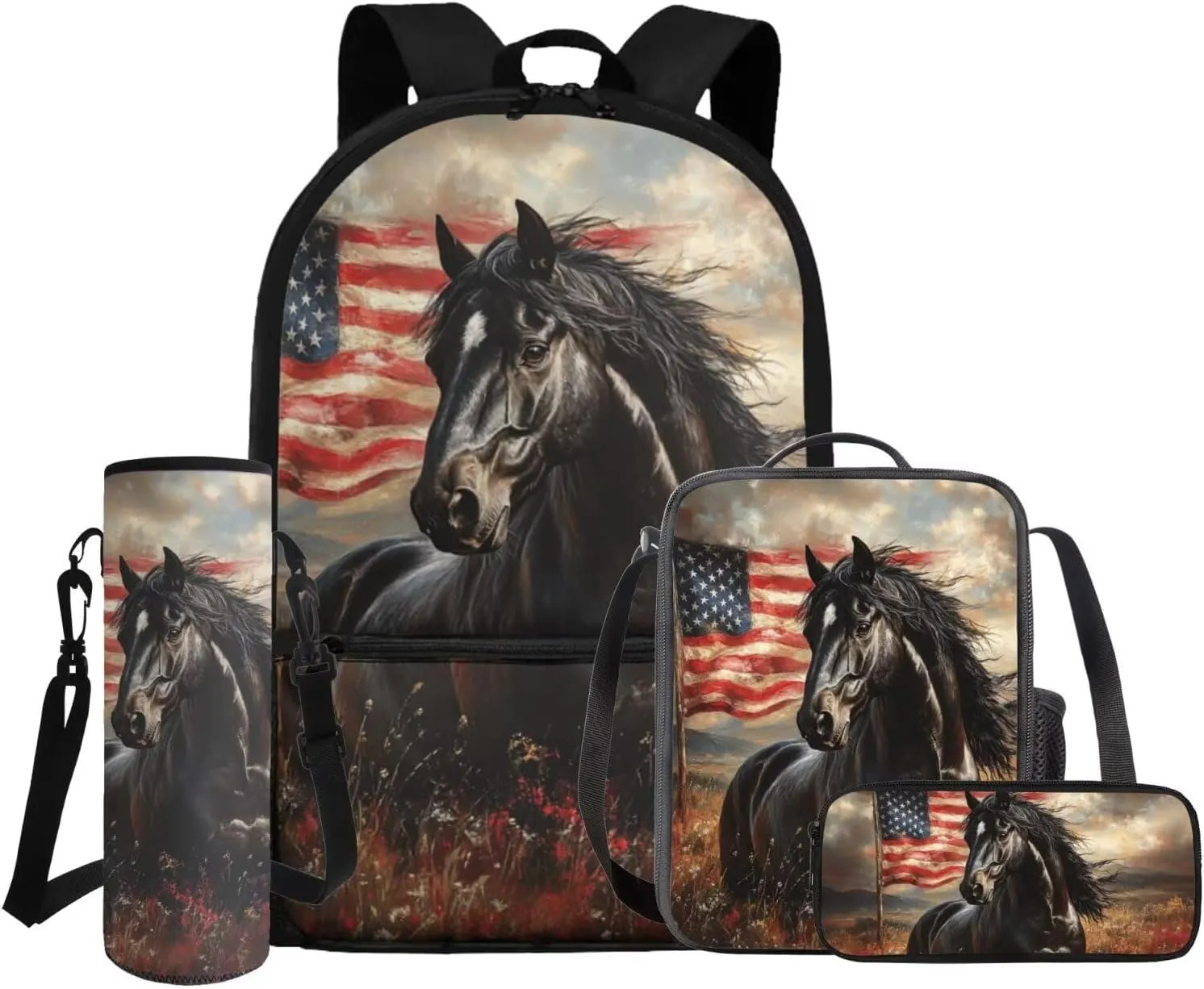 Gomyblomy American Flag Horse Backpack for Kids 10-12 12-14 Boys Girls School Bag with Lunch Box Pencil Case Water Bottle Sleeve 4 Pcs for Elementary Middle School 17 Inch Book Bags