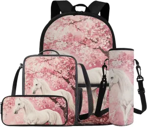 Gomyblomy Cherry Blossom Horse Backpack for Girls 8-10 10-12 Lightweight Girls School Bag and Lunch Box 4 in1 Set Kids School Bookbag for Elementary Middle Schoolbag Back Packs