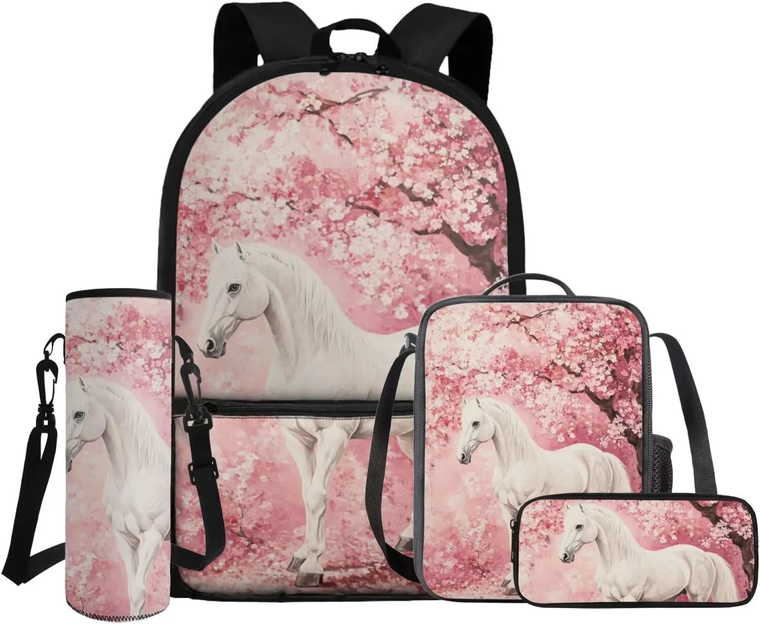 Gomyblomy Cherry Blossom Horse Backpack for Girls 8-10 10-12 Lightweight Girls School Bag and Lunch Box 4 in1 Set Kids School Bookbag for Elementary Middle Schoolbag Back Packs