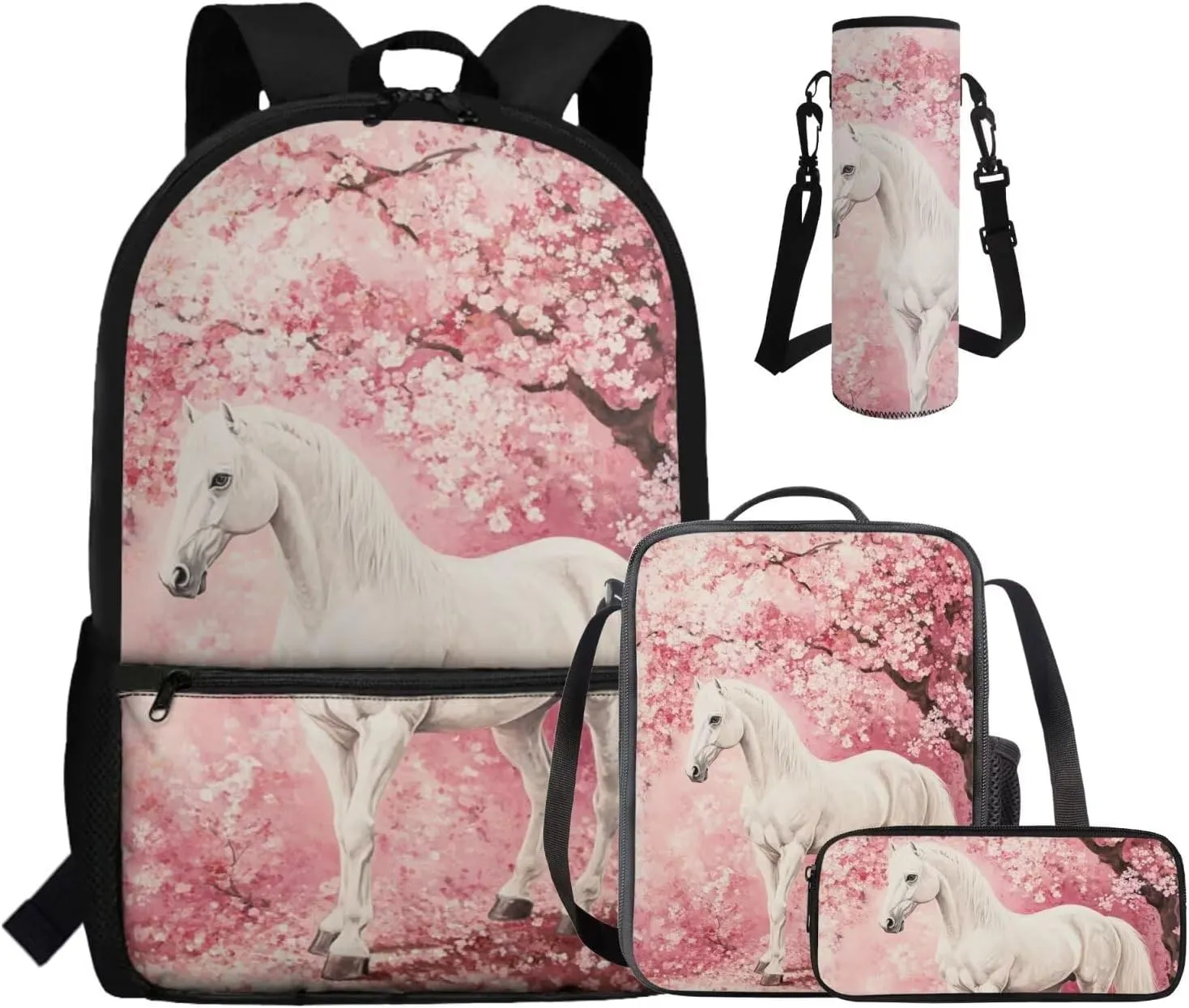 Gomyblomy Cherry Blossom Horse Backpack for Girls 8-10 10-12 Lightweight Girls School Bag and Lunch Box 4 in1 Set Kids School Bookbag for Elementary Middle Schoolbag Back Packs