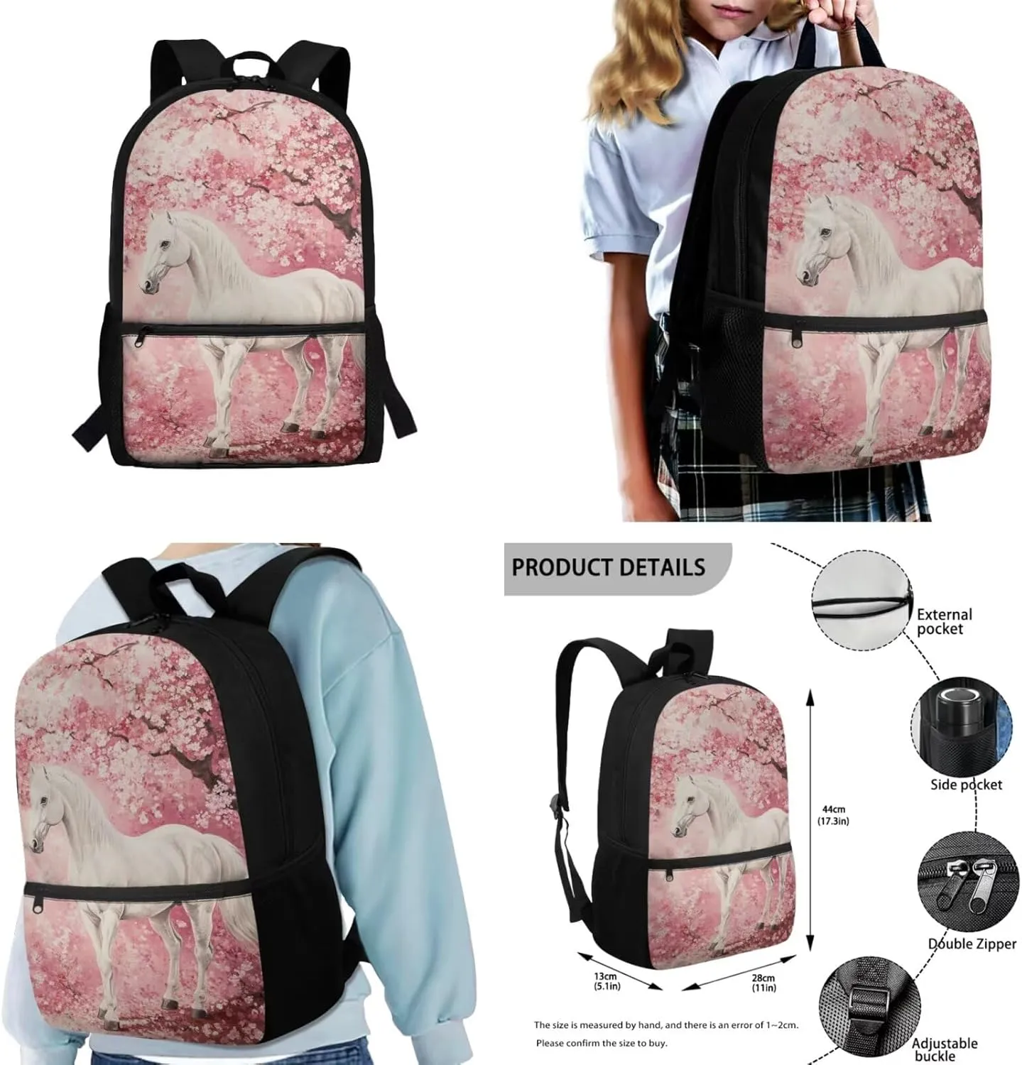 Gomyblomy Cherry Blossom Horse Backpack for Girls 8-10 10-12 Lightweight Girls School Bag and Lunch Box 4 in1 Set Kids School Bookbag for Elementary Middle Schoolbag Back Packs