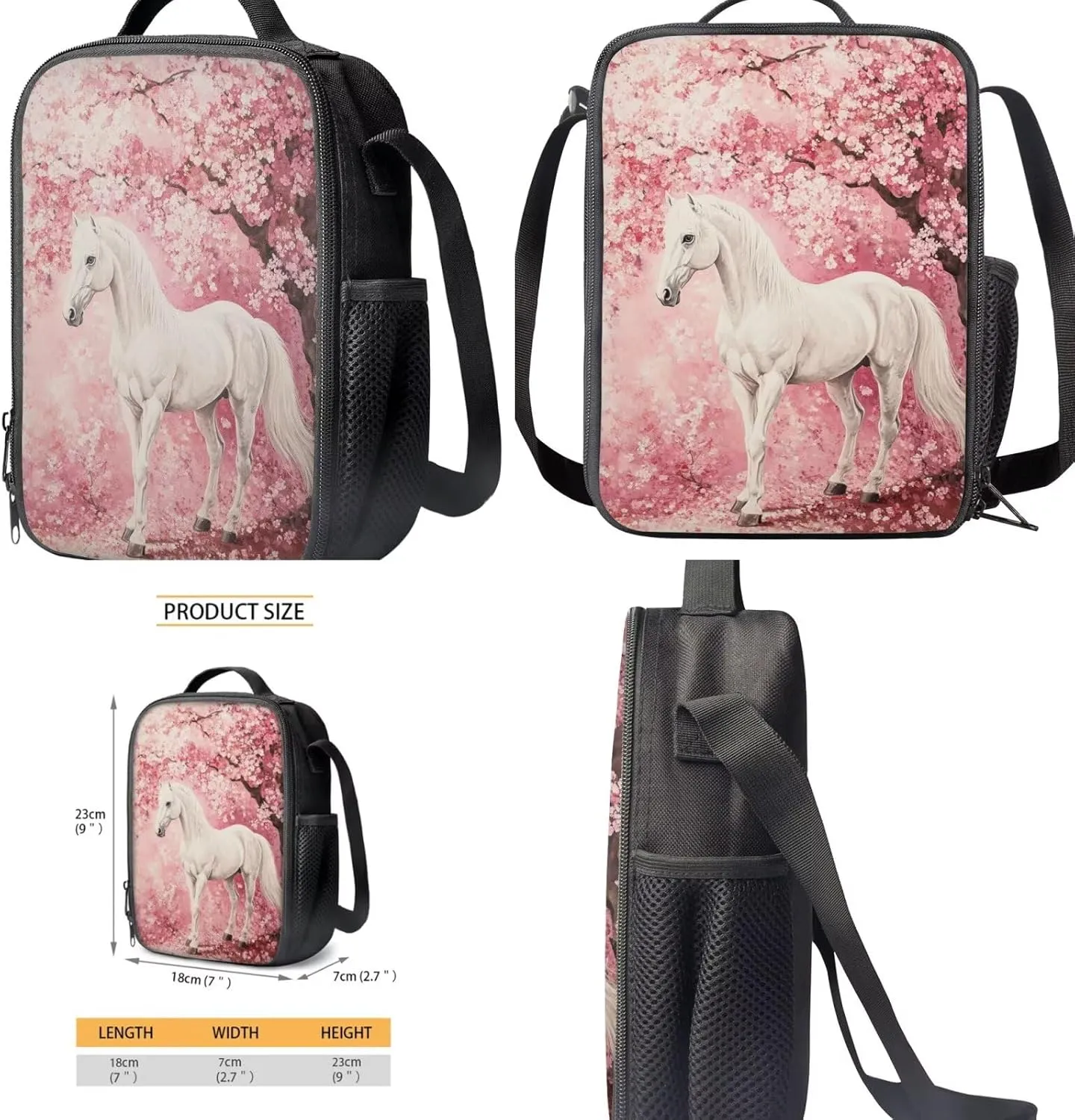 Gomyblomy Cherry Blossom Horse Backpack for Girls 8-10 10-12 Lightweight Girls School Bag and Lunch Box 4 in1 Set Kids School Bookbag for Elementary Middle Schoolbag Back Packs