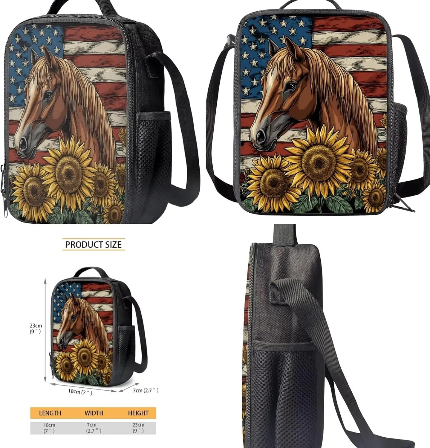 Gomyblomy Horse Sunflower Backpack for Girls 8-10 10-12 American Flag School Bag Set for Kids Girls Backpack with Lunch Box Set for Elementary Middle School 17 Inch Travel Bookbag