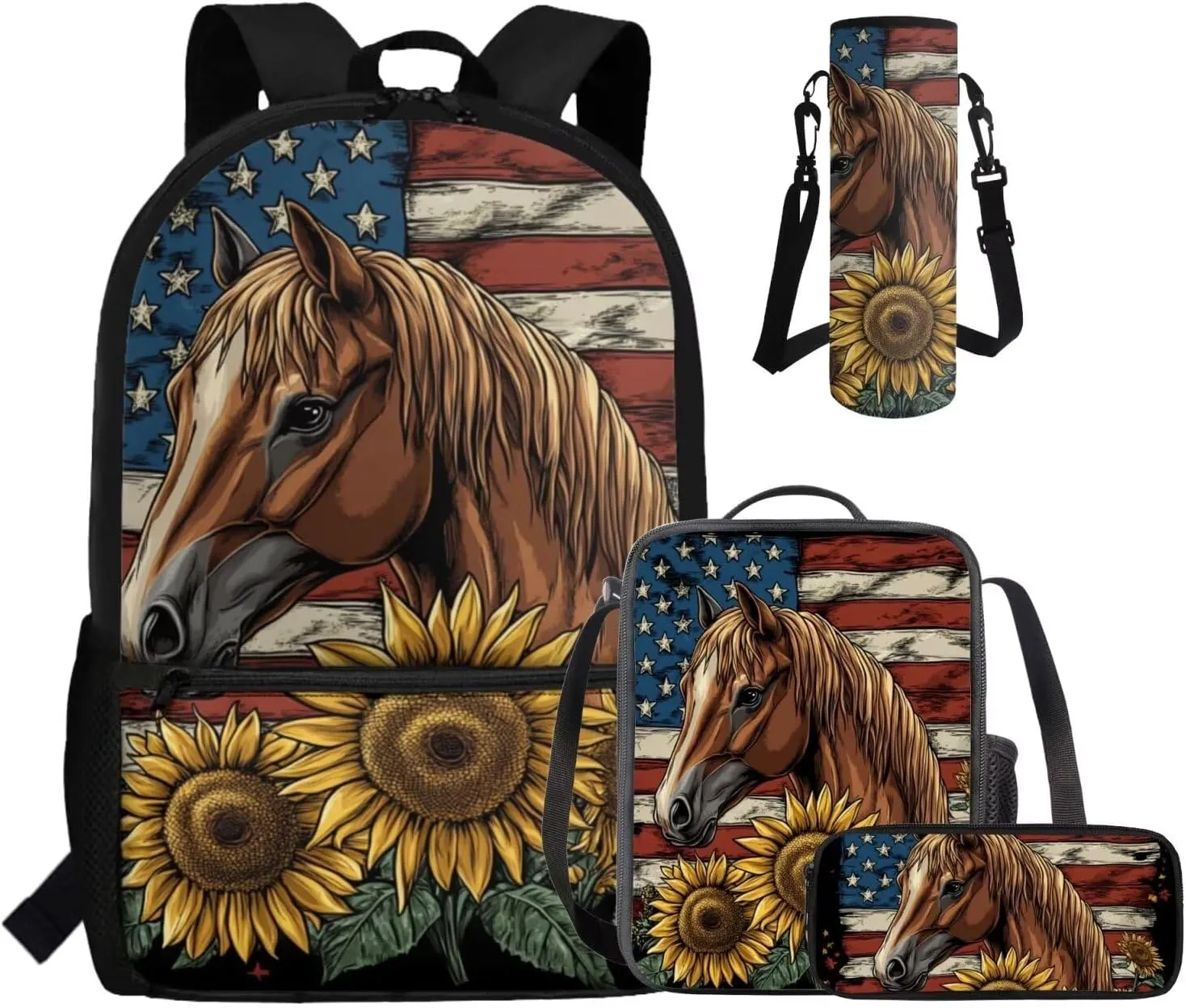 Gomyblomy Horse Sunflower Backpack for Girls 8-10 10-12 American Flag School Bag Set for Kids Girls Backpack with Lunch Box Set for Elementary Middle School 17 Inch Travel Bookbag