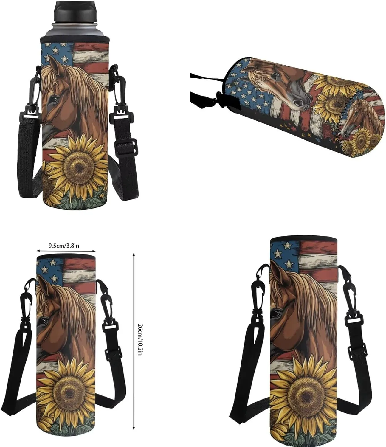 Gomyblomy Horse Sunflower Backpack for Girls 8-10 10-12 American Flag School Bag Set for Kids Girls Backpack with Lunch Box Set for Elementary Middle School 17 Inch Travel Bookbag