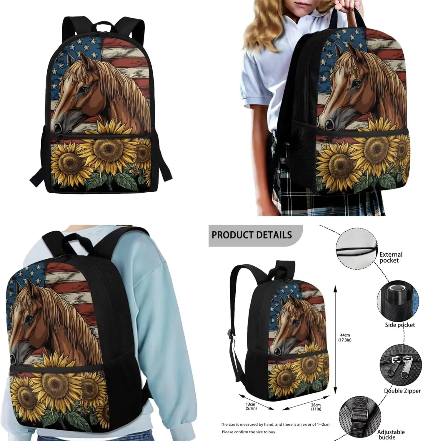 Gomyblomy Horse Sunflower Backpack for Girls 8-10 10-12 American Flag School Bag Set for Kids Girls Backpack with Lunch Box Set for Elementary Middle School 17 Inch Travel Bookbag