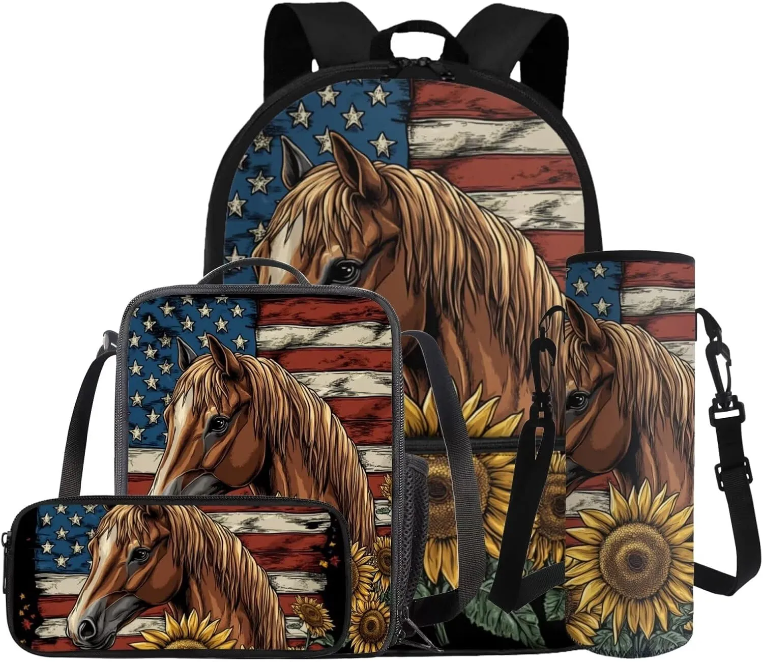 Gomyblomy Horse Sunflower Backpack for Girls 8-10 10-12 American Flag School Bag Set for Kids Girls Backpack with Lunch Box Set for Elementary Middle School 17 Inch Travel Bookbag