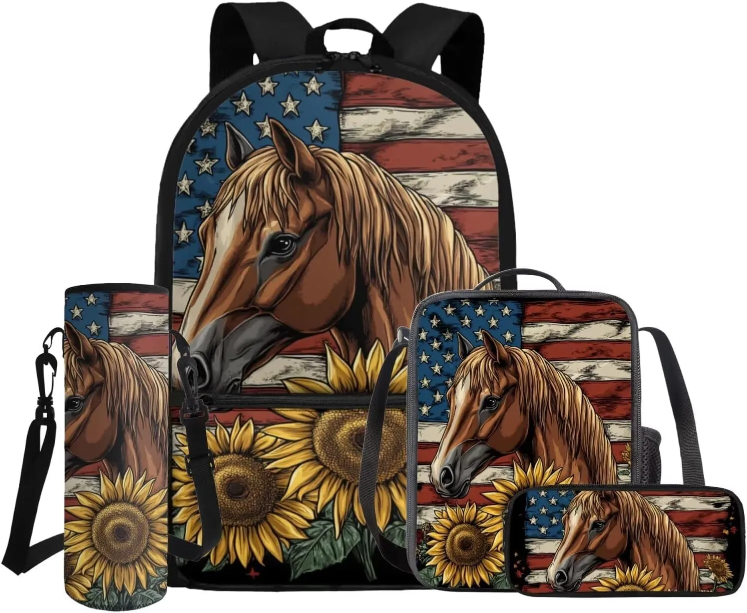 Gomyblomy Horse Sunflower Backpack for Girls 8-10 10-12 American Flag School Bag Set for Kids Girls Backpack with Lunch Box Set for Elementary Middle School 17 Inch Travel Bookbag