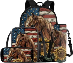 Gomyblomy Horse Sunflower Backpack for Girls 8-10 10-12 American Flag School Bag Set for Kids Girls Backpack with Lunch Box Set for Elementary Middle School 17 Inch Travel Bookbag