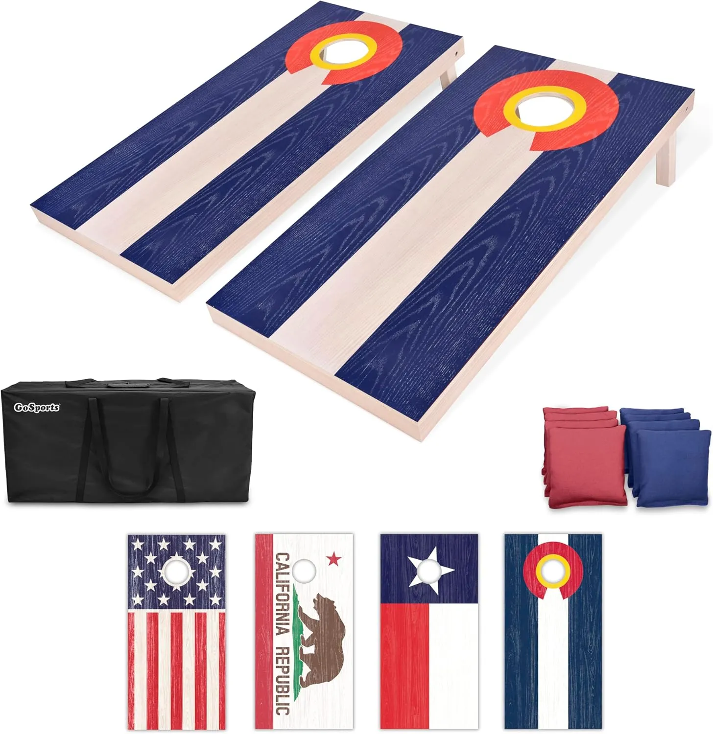GoSports 4 x 2 ft Flag Series Wood Cornhole Sets – American Flag or State Flags – Includes 2 Regulation Size Boards, 8 Bean Bags, Carrying Case and Rules