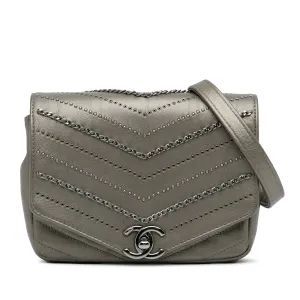 Gray Chanel Mini Embellished Calfskin Chevron Square Envelop Flap Crossbody Bag