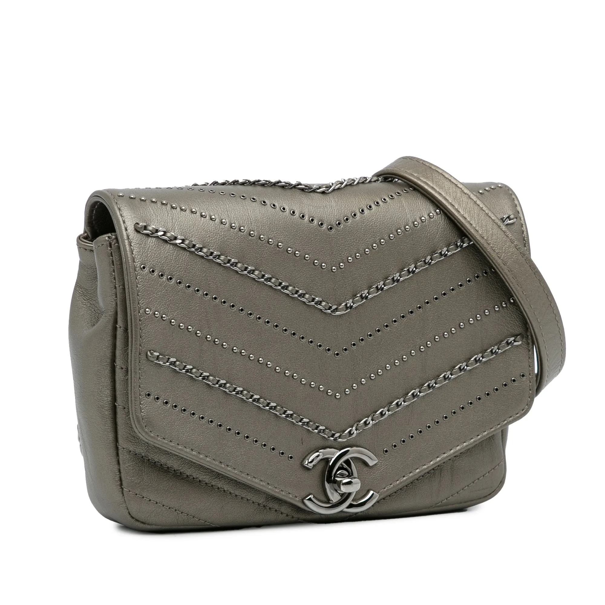 Gray Chanel Mini Embellished Calfskin Chevron Square Envelop Flap Crossbody Bag