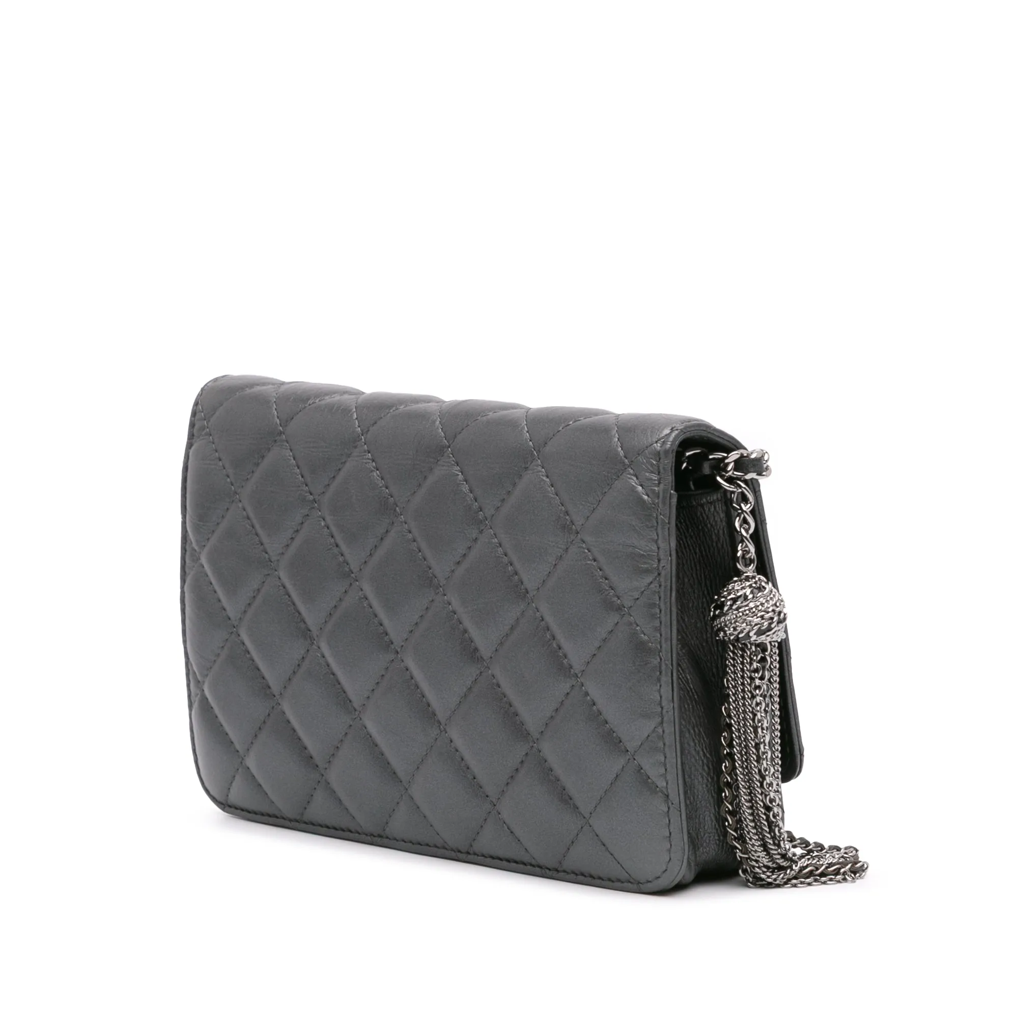Gray Chanel Quilted Aged Calfskin Tassel Wallet On Chain Crossbody Bag