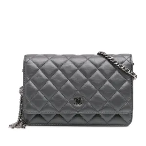 Gray Chanel Quilted Aged Calfskin Tassel Wallet On Chain Crossbody Bag