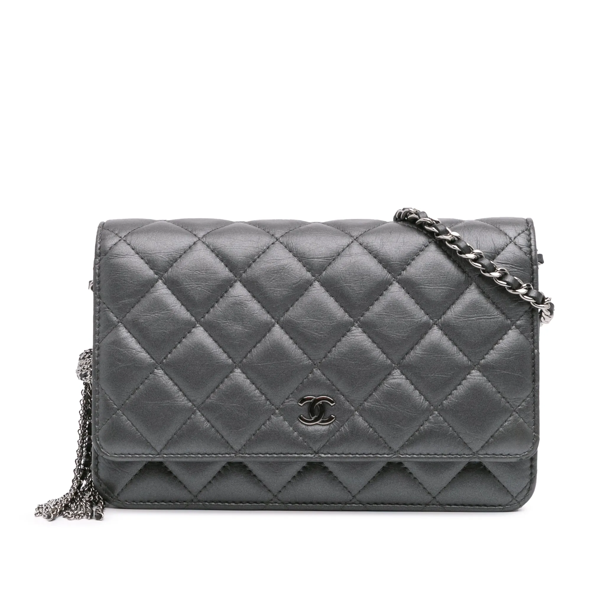 Gray Chanel Quilted Aged Calfskin Tassel Wallet On Chain Crossbody Bag