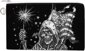 Grim Reaper Skull Undead Ghost U.S. Flag Funny Pencil Coin Purse Wallet Canvas Pattern Small Card Makeup Bag 7.4×4.6 Inches