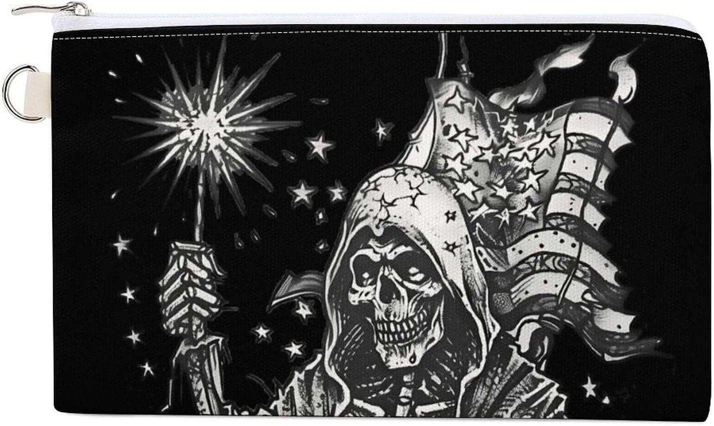 Grim Reaper Skull Undead Ghost U.S. Flag Funny Pencil Coin Purse Wallet Canvas Pattern Small Card Makeup Bag 7.4×4.6 Inches